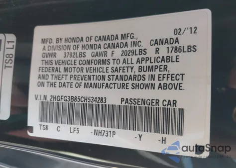 2012 Honda Civic Ex z USA, uszkodzony, nr VIN 2HGFG3B85CH534283